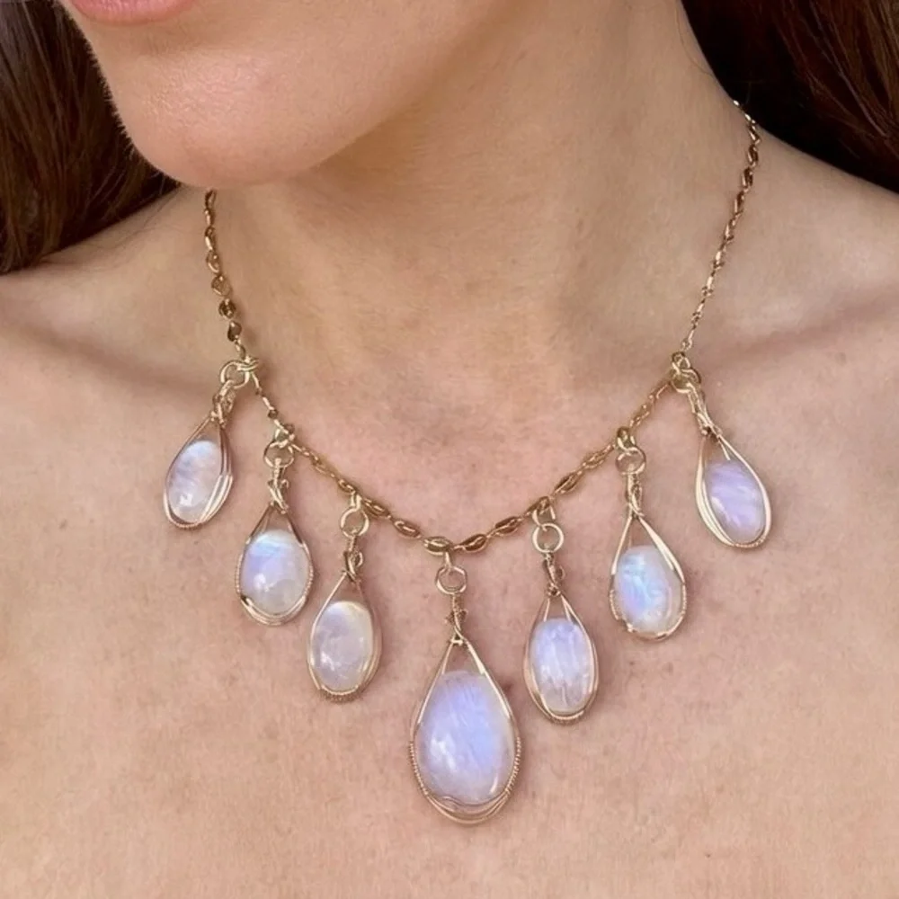 14k Gold Filled Rainbow Moonstone Gypsy Boho Necklace